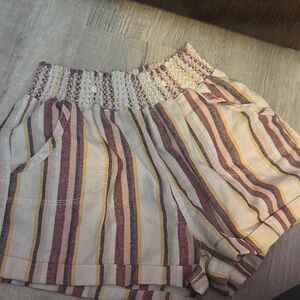 Forever 21 High Waist Striped Shorts - Burgundy, Yellow, Cream